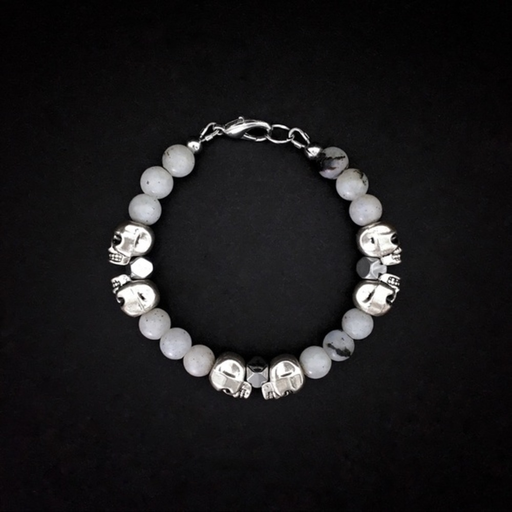 💀Silver Skull Labradorite & Hematite Men’s Beaded Bracelet Handmade Jewelry 8mm - Picture 3 of 5